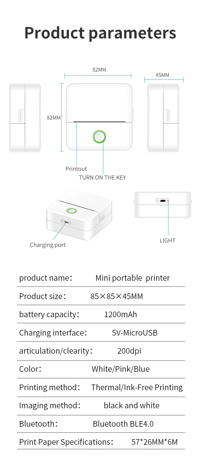 Mini HD Portable Label Thermal Printer Endurance Bluetooth Printer for Student Error Title Note Wrong Pocket Inkless Printing